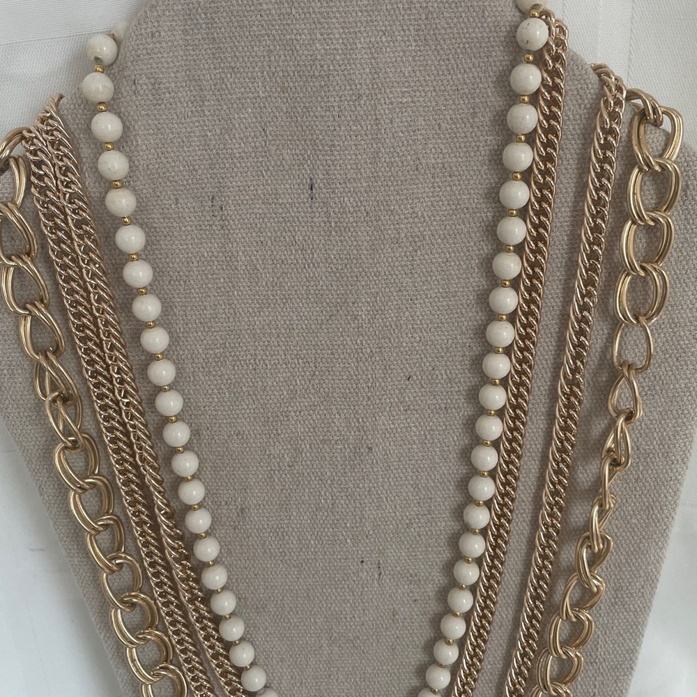 Gold Multi-Strand Multi Length Necklace w/White Beads - Women Jewelry - Trio set - Picture 5 of 11